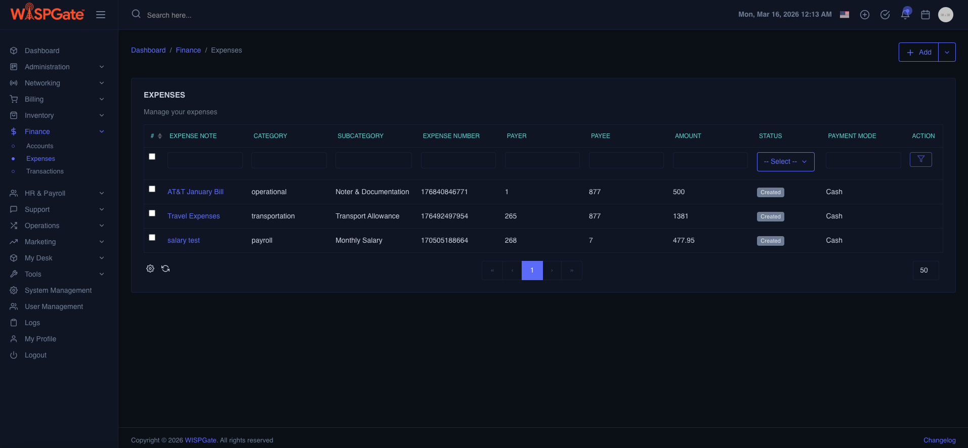 Expense Module Screenshot